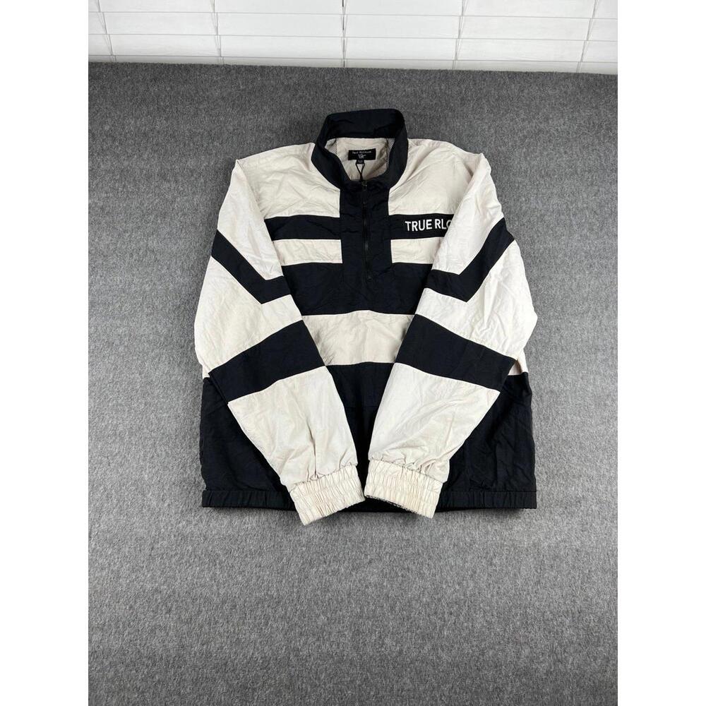 True Religion Black and White Stripe Zip Pullover Nylon Outer Shell Coats Sz XL‎